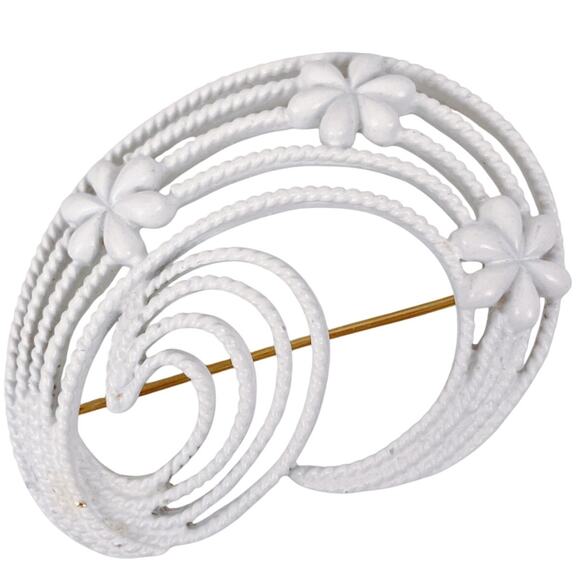 Unusual Signed Monet 1960s VTG White Enamel Floral Swirl Brooch Gold Tone Pin - Picture 1 of 8